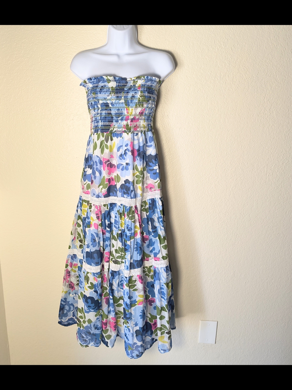 Strapless Cotton Floral Maxi Dress in Blue and Pink